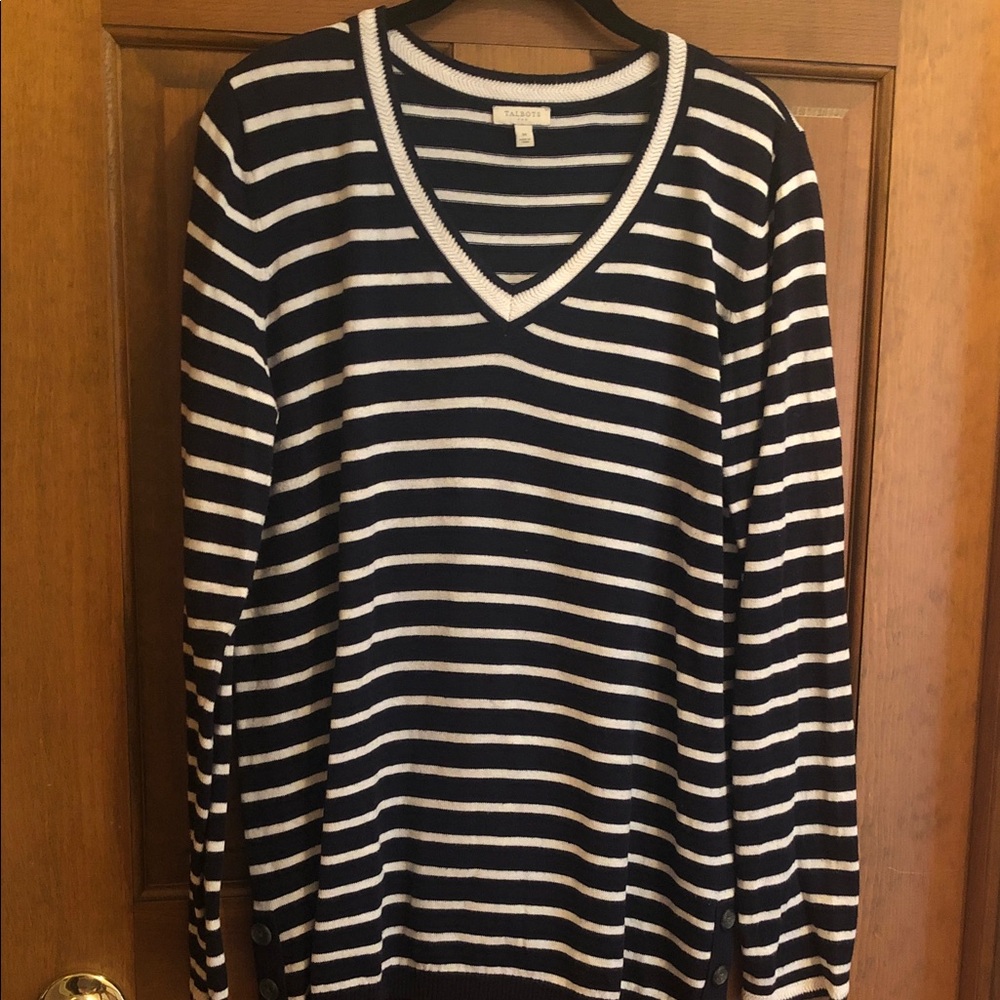 Talbots Navy and White Striped V-Neck Pullover